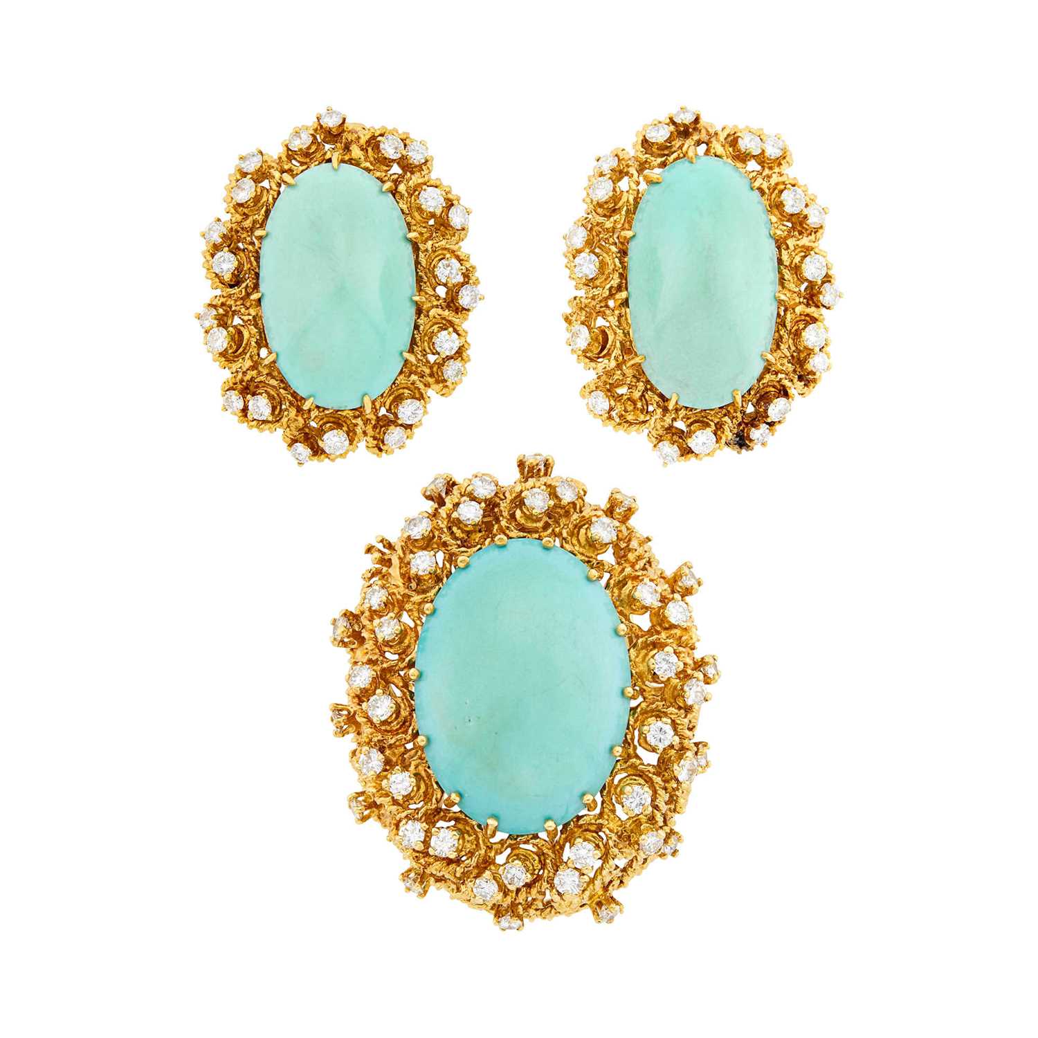 Lot 137 - Gold, Turquoise and Diamond Pendant-Brooch and Pair of Earclips