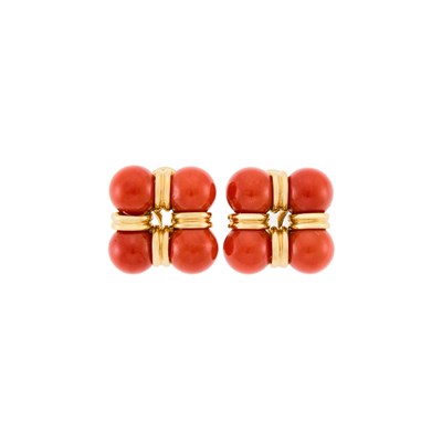 Lot 1011 - Trianon Pair of Gold and Coral Bead Earclips