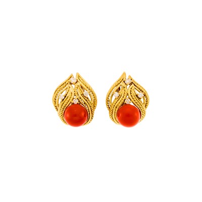 Lot 1022 - Tiffany & Co. Pair of Gold, Coral and Diamond Earclips