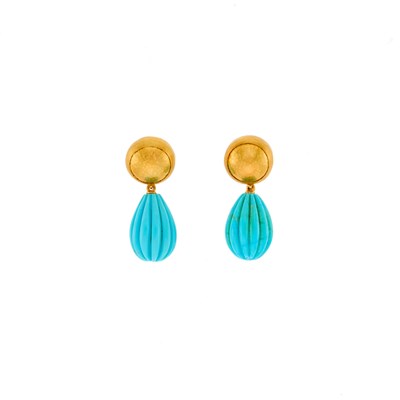 Lot 1013 - Gurhan Pair of High Karat Gold and Turquoise Pendant-Earrings