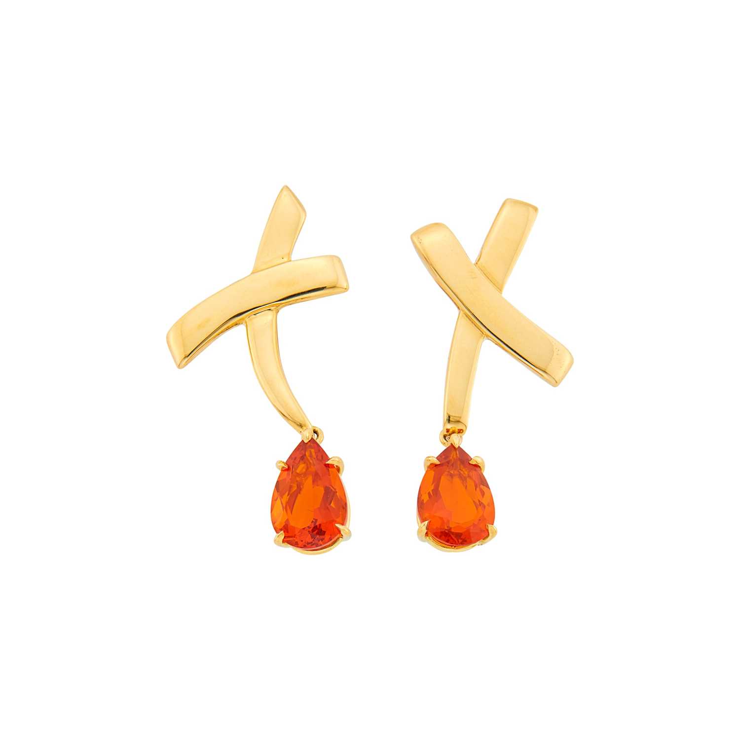 Lot 1 - Tiffany & Co., Paloma Picasso Pair of Gold and Fire Opal 'Grafitti X' Pendant-Earrings