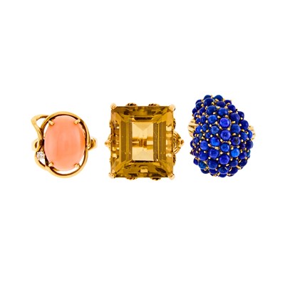 Lot 1261 - Three Gold, Lapis, Citrine, Coral and Diamond Rings