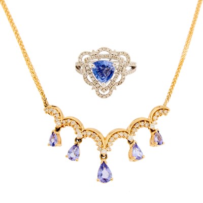 Lot 1273 - Gold, Diamond and Tanzanite Necklace and White Gold, Sapphire and Diamond Ring
