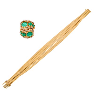 Lot 2187 - Gold Multistrand Bracelet and Emerald and Diamond Bypass Ring