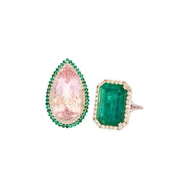 Lot 2129 - Two White Gold, Kunzite, Emerald, Pink Sapphire and Diamond Rings