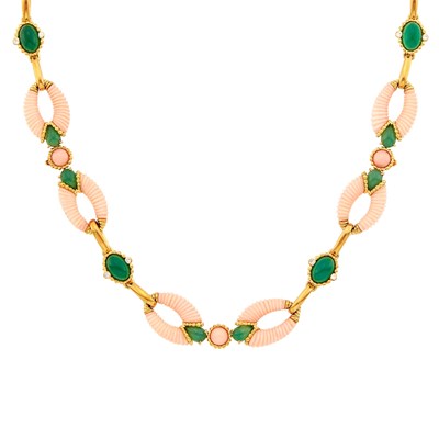Lot 196 - Cartier Gold, Carved Angel Skin Coral and Green Onyx Pendant-Necklace/Bracelets Combination
