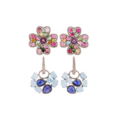 Lot 1119 - Two Pairs of Silver, Carved and Cabochon Colored Stone and Diamond Flower Earrings
