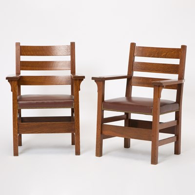 Lot 136 - Pair of Gustav Stickley Upholstered Oak Open Armchairs