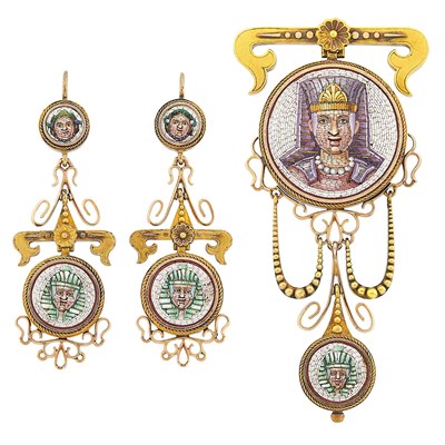 Lot 30 - Egyptian Revival Gold and Micromosaic Pendant-Brooch and Pair of Pendant-Earrings