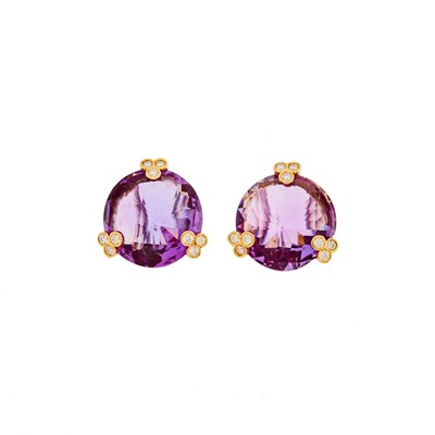 Lot 1090 - Pair of Gold, Amethyst and Diamond Earclips