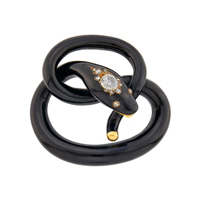 Lot 42 - Antique Gold, Black Enamel and Diamond Snake Brooch