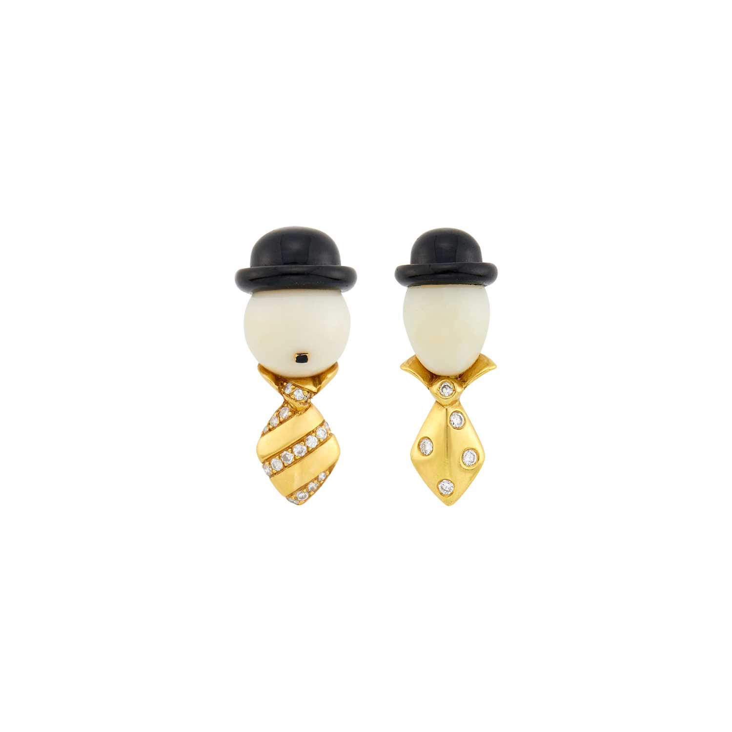 Lot 160 - Fred Paris Two Gold, White Agate, Enamel and Diamond 'Laurel and Hardy' Pins