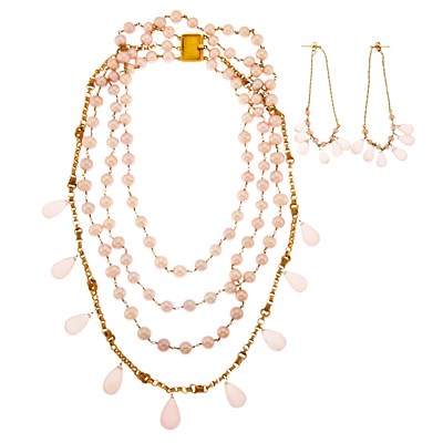 Lot 1044 - Long Multistrand Gold, Pink Cultured Pearl and Rose Quartz Briolette Necklace and Pair of Pendant-Earrings