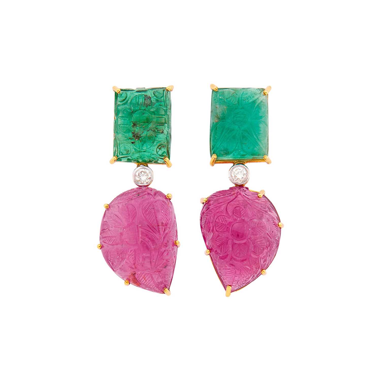 Lot 127 - Pair of Gold, Carved Emerald and Ruby and Diamond Pendant-Earrings