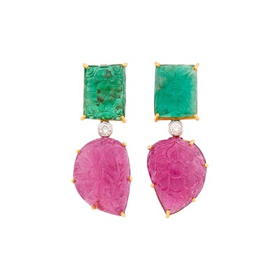 Lot 127 - Pair of Gold, Carved Emerald and Ruby and Diamond Pendant-Earrings