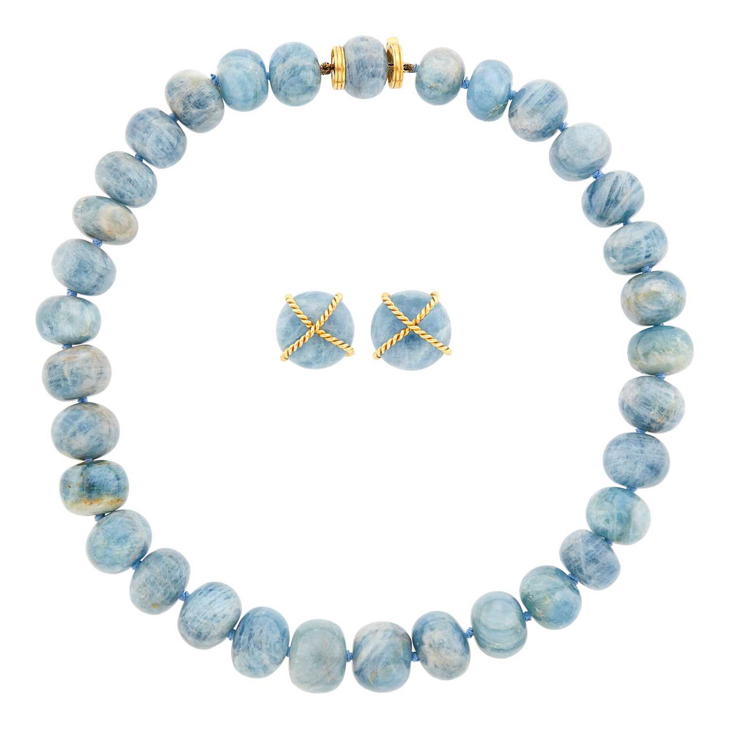 Lot 158 - Verdura Aquamarine Bead Necklace with Gold Clasp and Pair of Gold and Aquamarine Bead Earclips