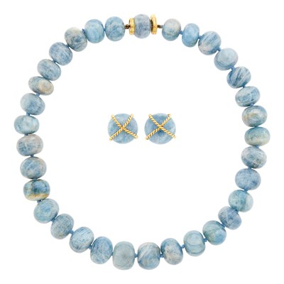 Lot 158 - Verdura Aquamarine Bead Necklace with Gold Clasp and Pair of Gold and Aquamarine Bead Earclips