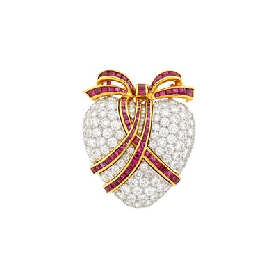 Lot 229 - Oscar Heyman & Brothers Platinum, Gold, Diamond and Ruby Heart Pendant-Brooch