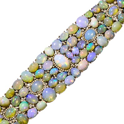 Lot 2113 - Wide Silver, Opal and Diamond Bracelet