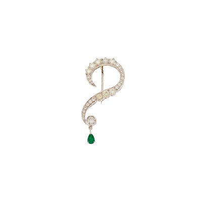 Lot 2097 - White Gold, Diamond and Emerald Question Mark Brooch
