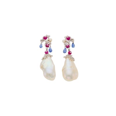 Lot 2130 - Pair of Pair of White Gold, Baroque Cultured Pearl, Sapphire and Ruby Bead and Diamond Pendant-Earrings