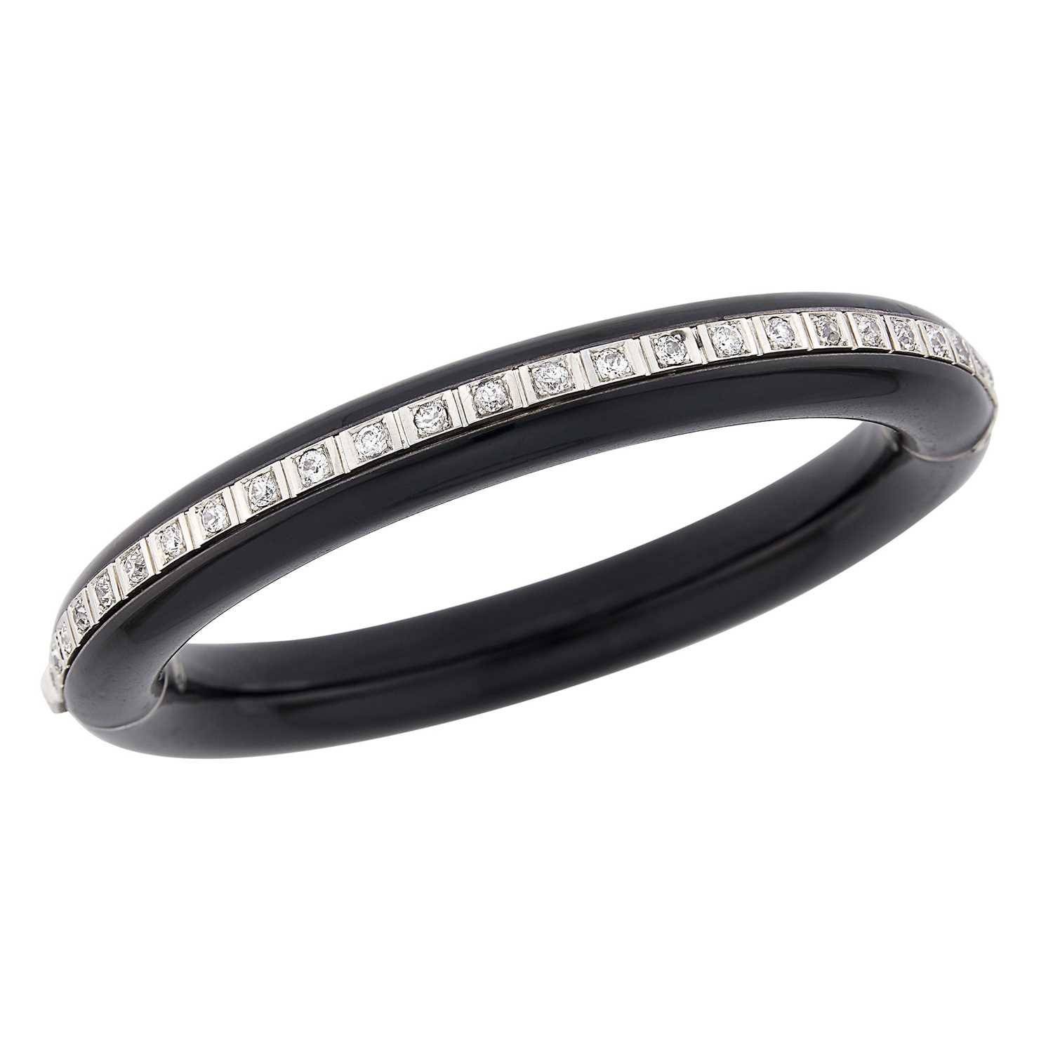 Lot 98 - Platinum, White Gold, Black Lacquer and Diamond Bangle Bracelet