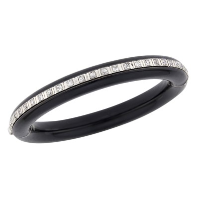 Lot 98 - Platinum, White Gold, Black Lacquer and Diamond Bangle Bracelet