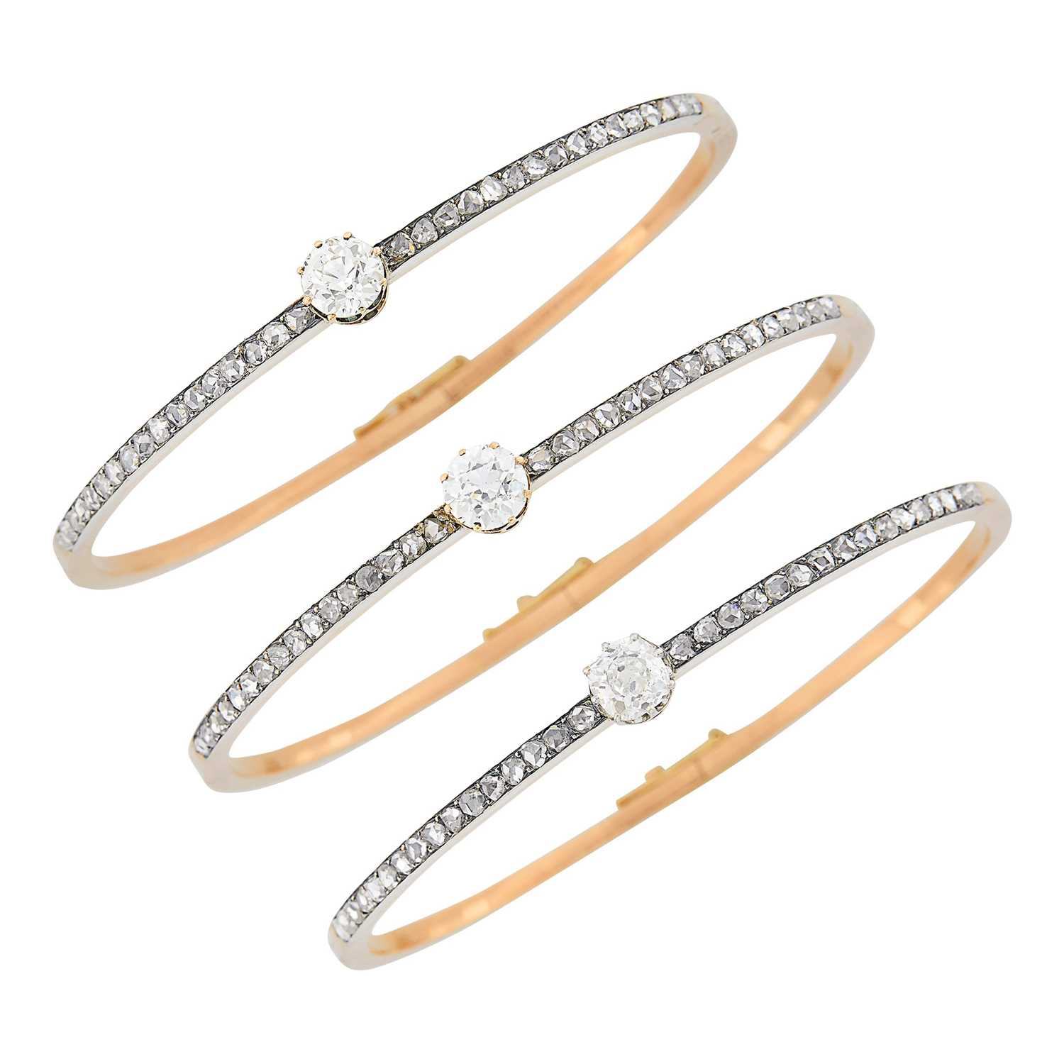 Lot 89 - Three Antique Rose Gold, Silver and Diamond Bangle Bracelets, France