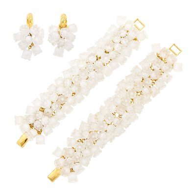 Lot 2011 - Lalique Pair of Gilt-Metal and Frosted Rock Crystal Flower 'Muguet' Bracelet and Pair of Earclips