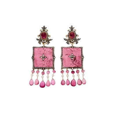 Lot 2139 - Pair of Silver, Gold, Carved, Briolette and Cabochon Pink Tourmaline, Pink Tourmaline Bead, Cultured Pearl and Diamond Pendant-Earrings