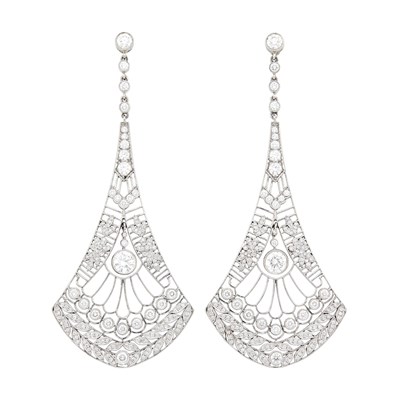 Lot 180 - Tiffany & Co. Pair of Platinum and Diamond 'Archival Fan' Pendant-Earrings