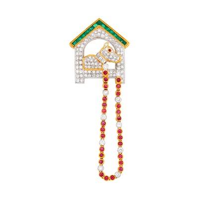 Lot 1102 - Two-Color Gold, Diamond, Emerald and Cabochon Ruby Dog House Brooch