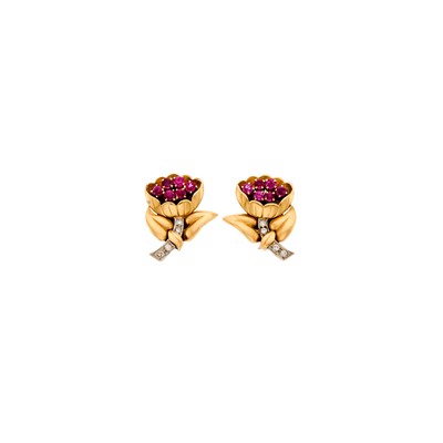 Lot 2174 - Retro Pair of Two-Color Gold, Low Karat Gold, Ruby and Diamond Flower Earclips
