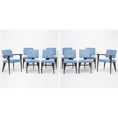 Lot 420 - Set of Ten Giorgio Saporiti Upholstered Dark Stained Wood Dining Chairs