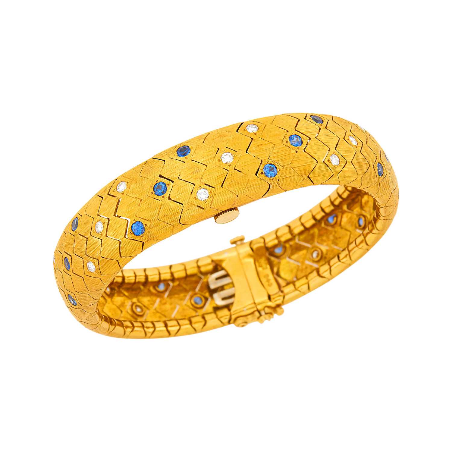 Lot 1146 - Tiffany & Co. Gold, Diamond and Sapphire Bracelet-Watch
