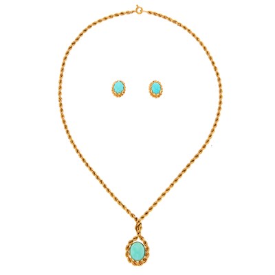 Lot 2179 - Gold and Turquoise Pendant-Necklace and Pair of Earrings