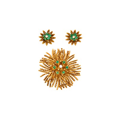 Lot 2188 - Tiffany & Co. Gold, Emerald and Diamond Brooch and Pair of Earrings