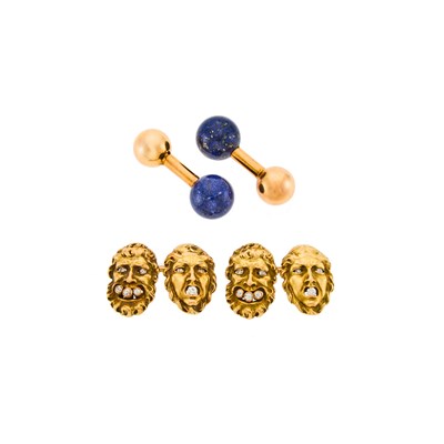 Lot 2166 - Tiffany & Co. Pair of Gold and Lapis Cufflinks and Pair of Diamond Mask Cufflinks