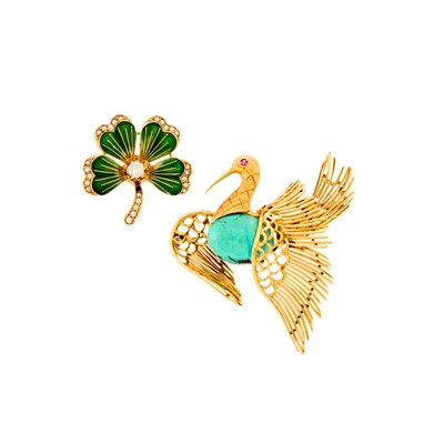 Lot 1023 - Gold and Turquoise Bird Brooch and Gold, Green Enamel, Diamond and Split Pearl Clover Brooch