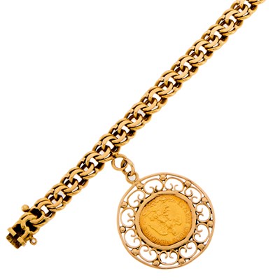 Lot 1108 - Gold Link Bracelet with Gold Coin Charm