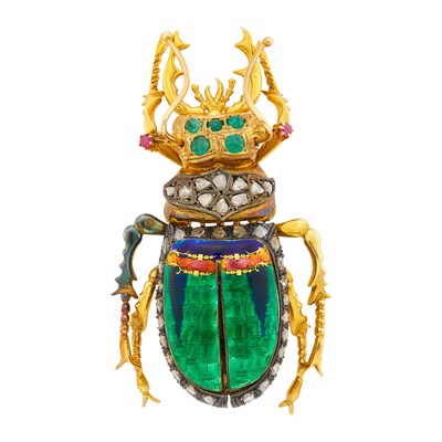 Lot 46 - Gold, Silver, Enamel, Diamond, Cabochon Emerald, Synthetic Ruby and Ruby Beetle Brooch