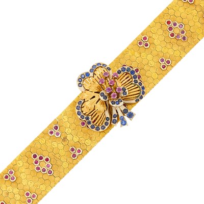 Lot 132 - Gold, Ruby and Sapphire Brooch/Bracelet Combination