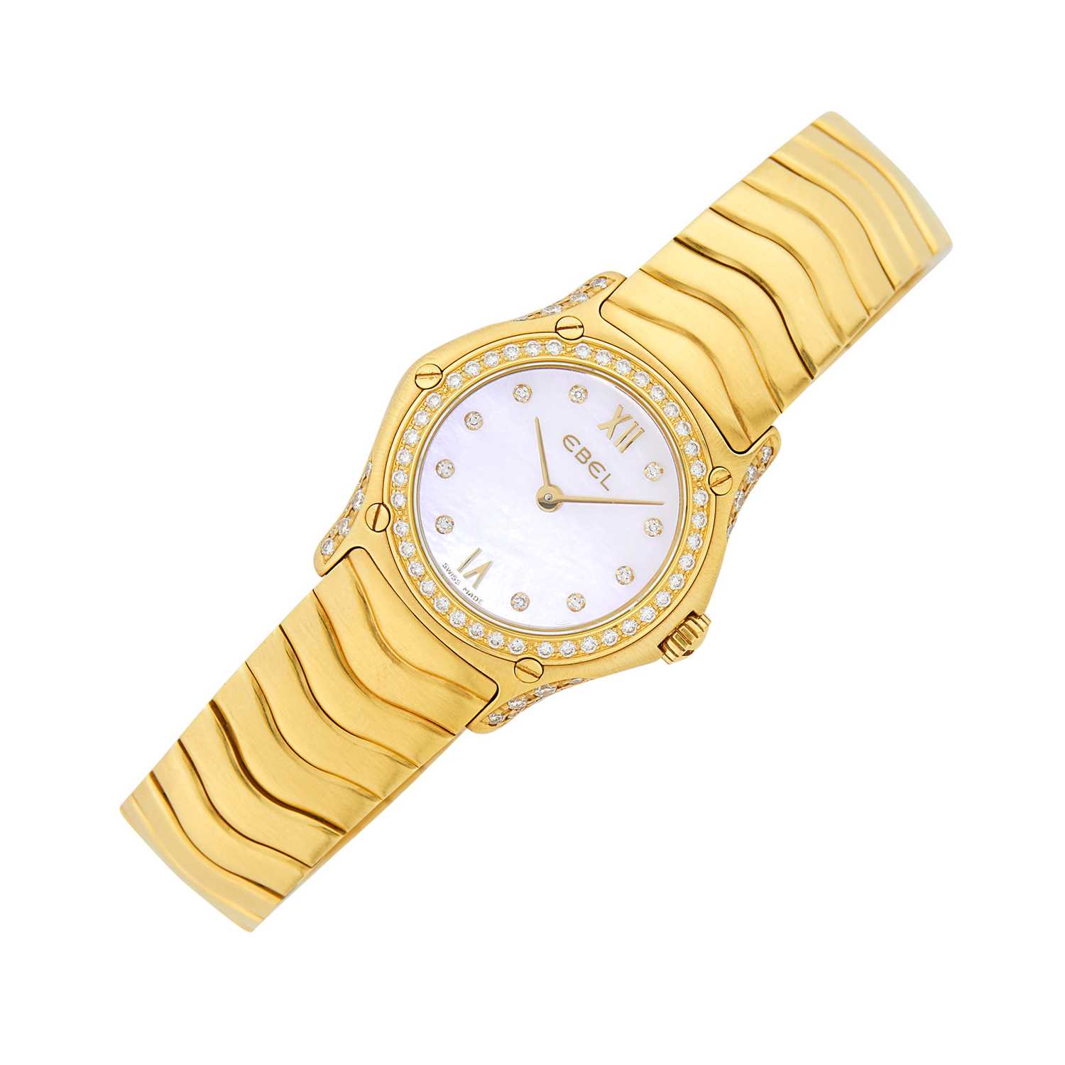 Lot 161 - Ebel Gold, Mother-of-Pearl and Diamond 'Classic Wave' Wristwatch, Ref. E-8157F19-10