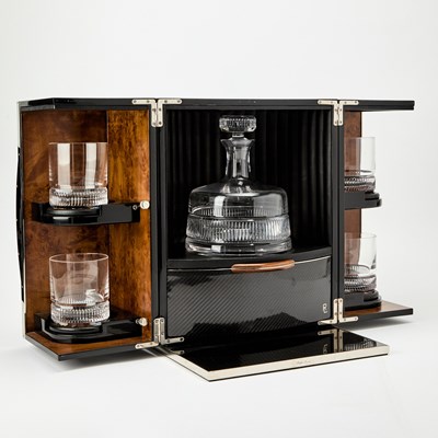 Lot 219 - Ralph Lauren Lacquered Engineered Wood and Polished Stainless Steel "Paxton Mixology Box"