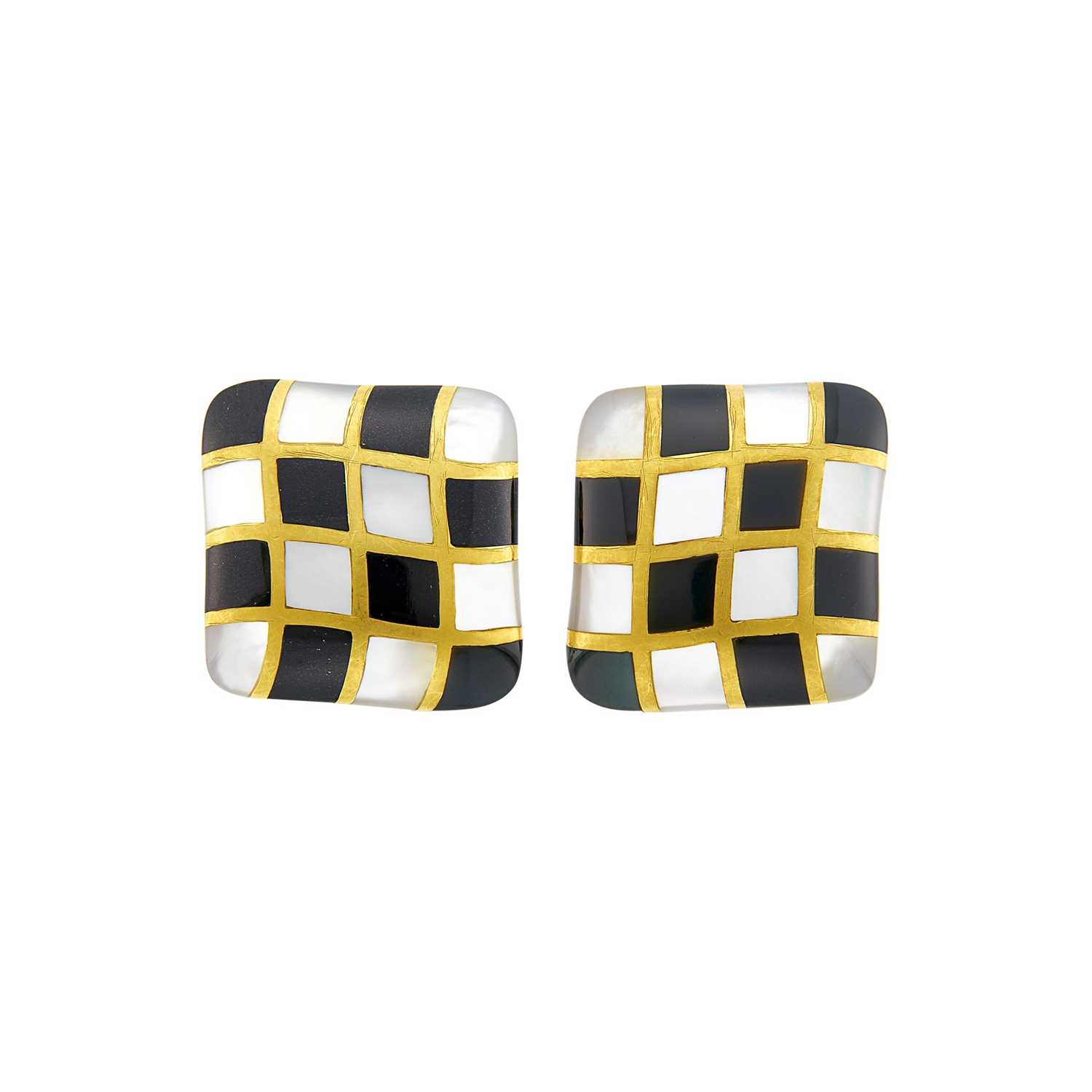 Lot 173 - Angela Cummings Pair of Gold, Mother-of-Pearl and Black Jade Checkered Earclips