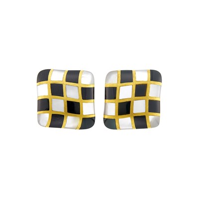 Lot 173 - Angela Cummings Pair of Gold, Mother-of-Pearl and Black Jade Checkered Earclips