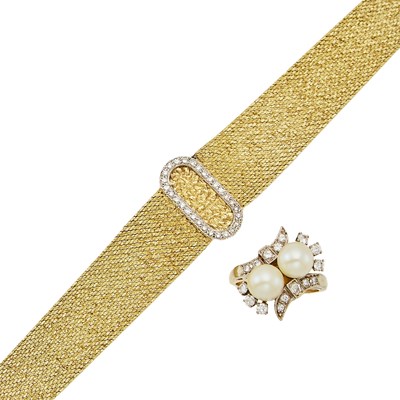 Lot 1100 - Omega Two-Color Gold and Diamond Bracelet-Watch and Gold, Platinum, Cultured Pearl and Diamond Ring
