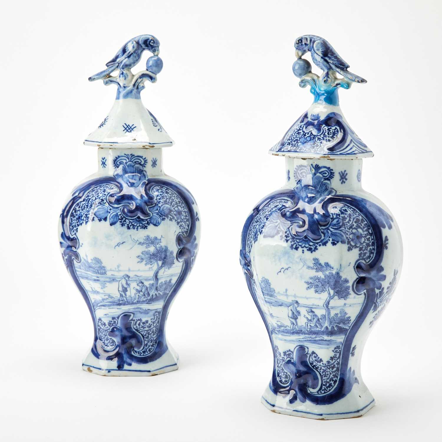 Lot 131 - Pair of Delft Tin Glazed Earthenware Covered Vases