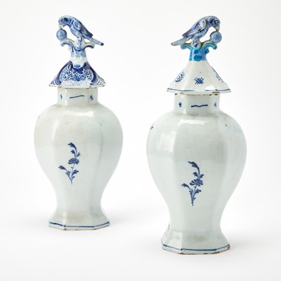 Lot 131 - Pair of Delft Tin Glazed Earthenware Covered Vases