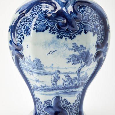 Lot 131 - Pair of Delft Tin Glazed Earthenware Covered Vases